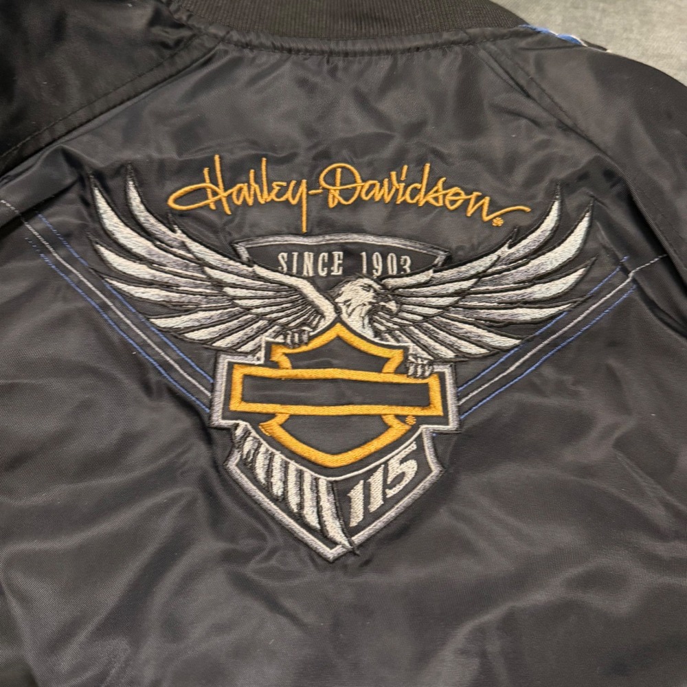 Harley-Davidson 115th Anniversary Bomber Jacket Black Blue Gold Embroidered Mesh
